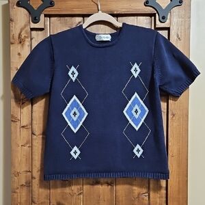 Berkertex Vintage Blue Argyle Cotton Knit Top UK 14-16 (Fits like a Large)